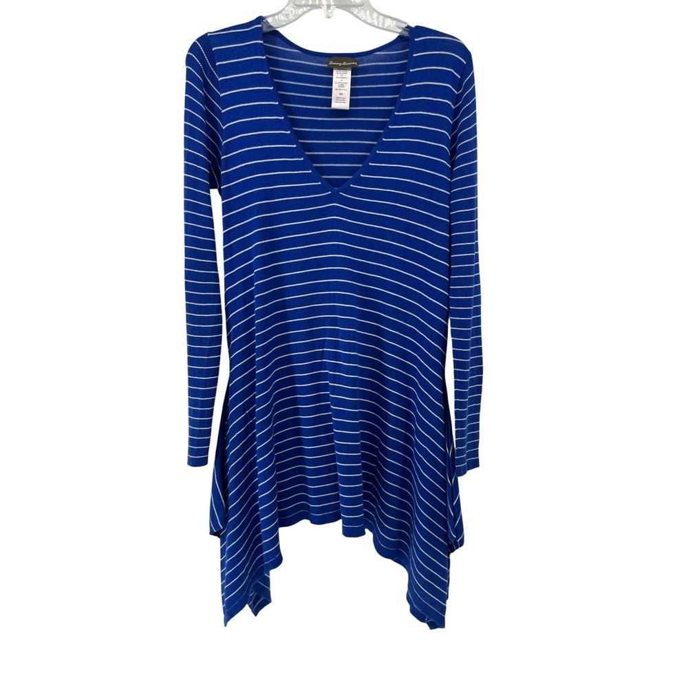 Tommy Bahama Womens Blue White Striped V-Neck Sharkbite Hem Tunic Sweater M